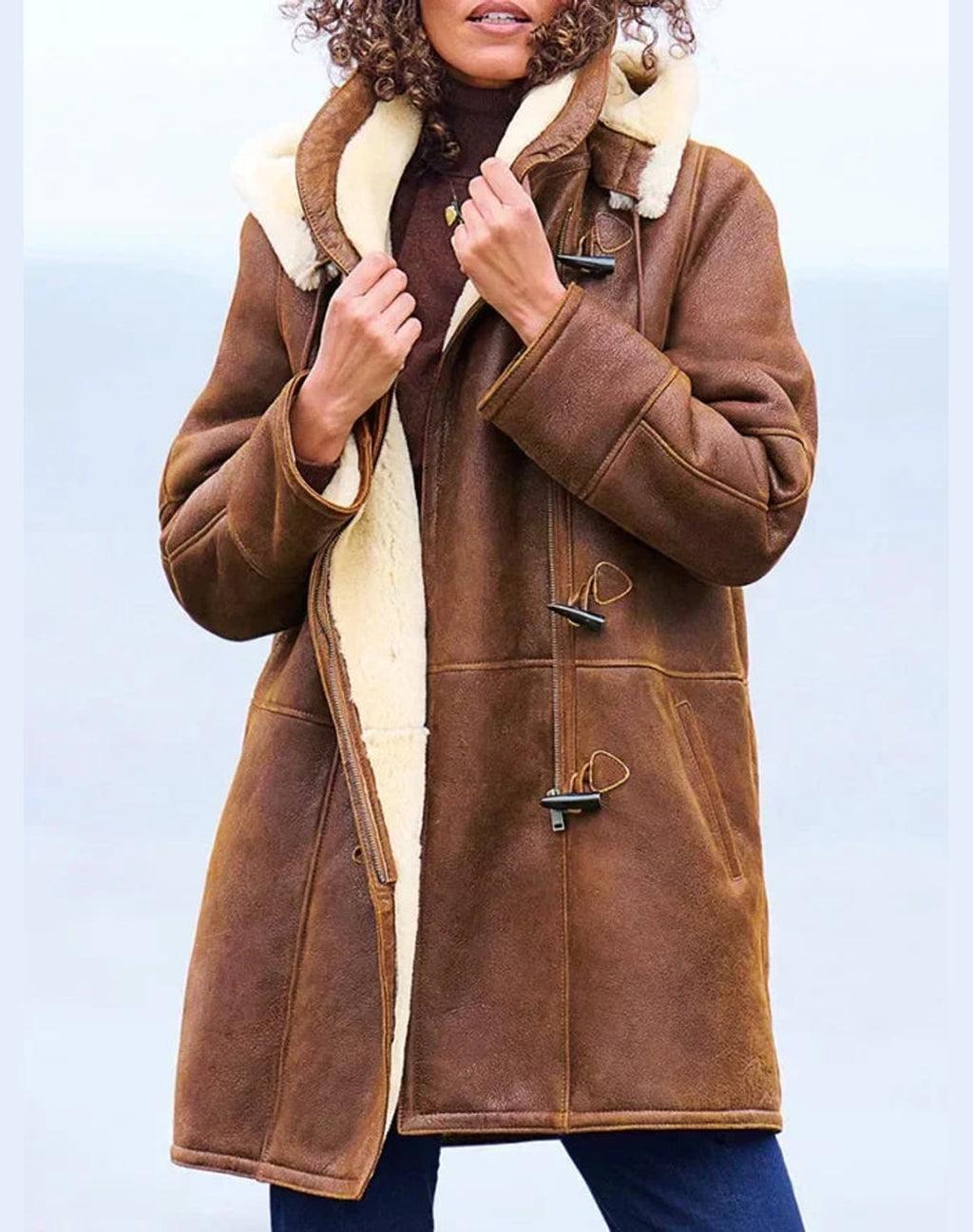 women's hooded shearling-style winter coat in brown