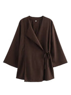 women's kimono wrap wide leg co-ord set in dark brown