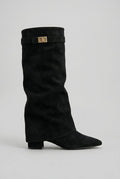 women's knee high block heel boots in black (suede look)