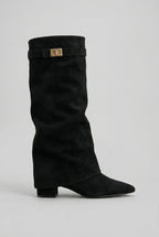 women's knee high block heel boots in black (suede look)