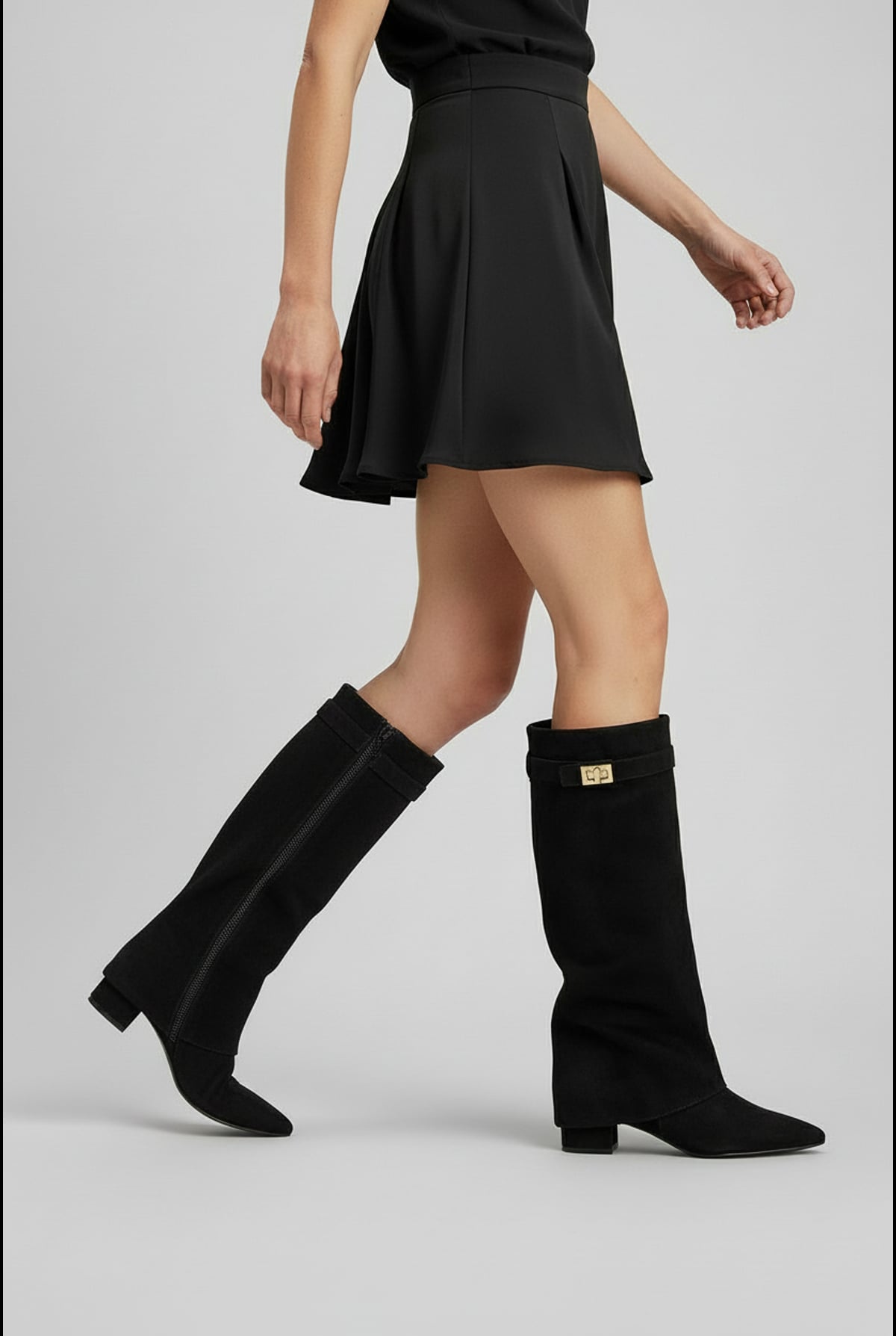 women's knee high block heel boots in black (suede look)