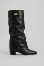 women's knee high block heel boots in black (leather look)