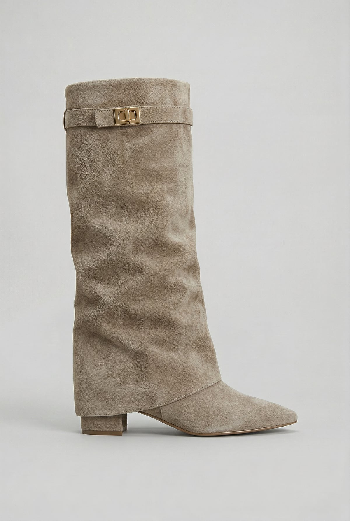 women's knee high block heel boots in taupe (suede look)