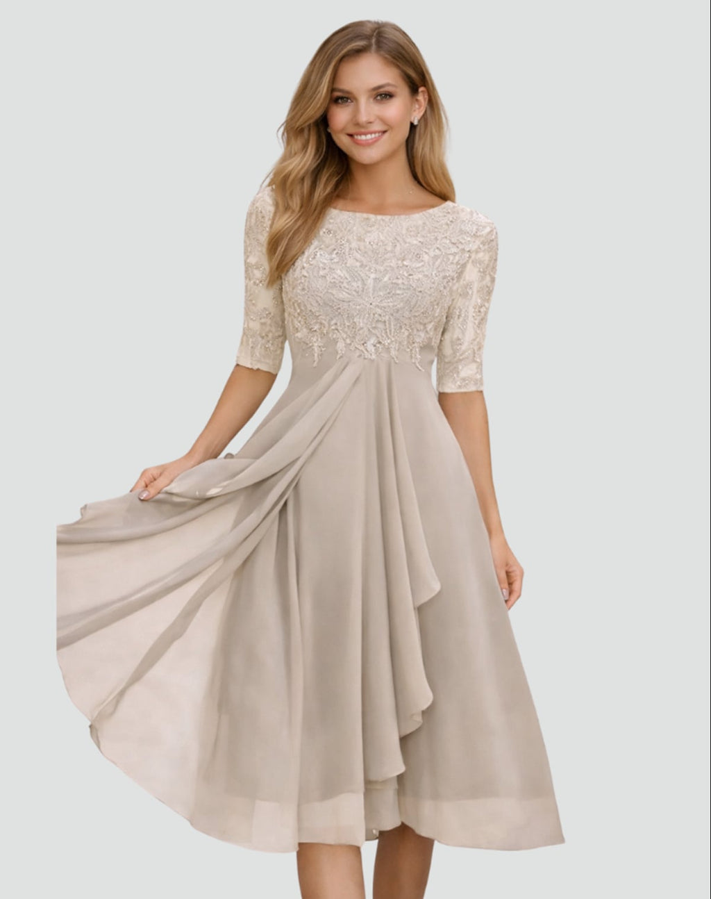 women's lace bodice half sleeve a-line dress in beige