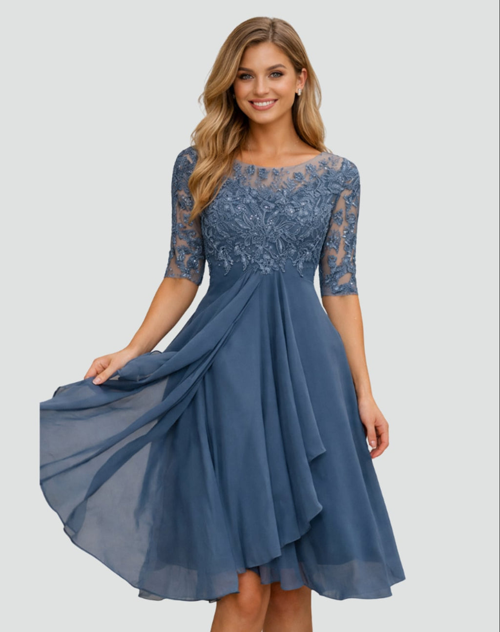 women's lace bodice half sleeve a-line dress in blue