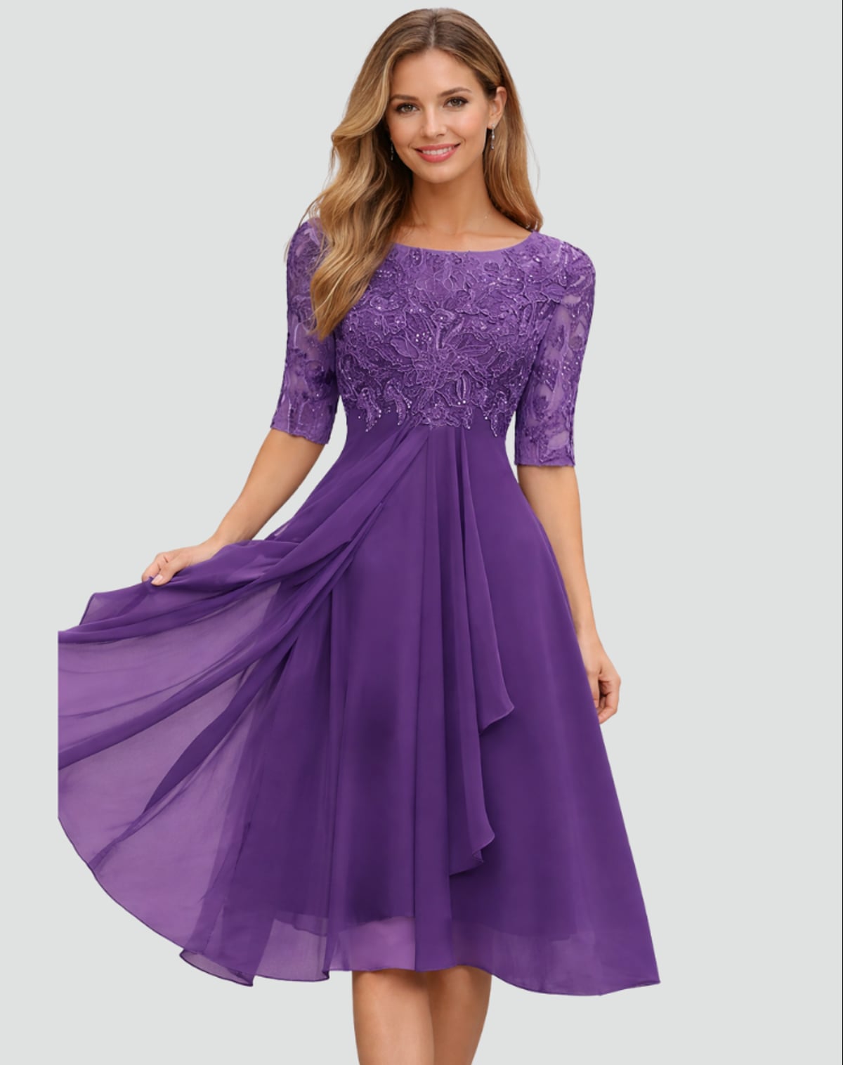 women's lace bodice half sleeve a-line dress in purple