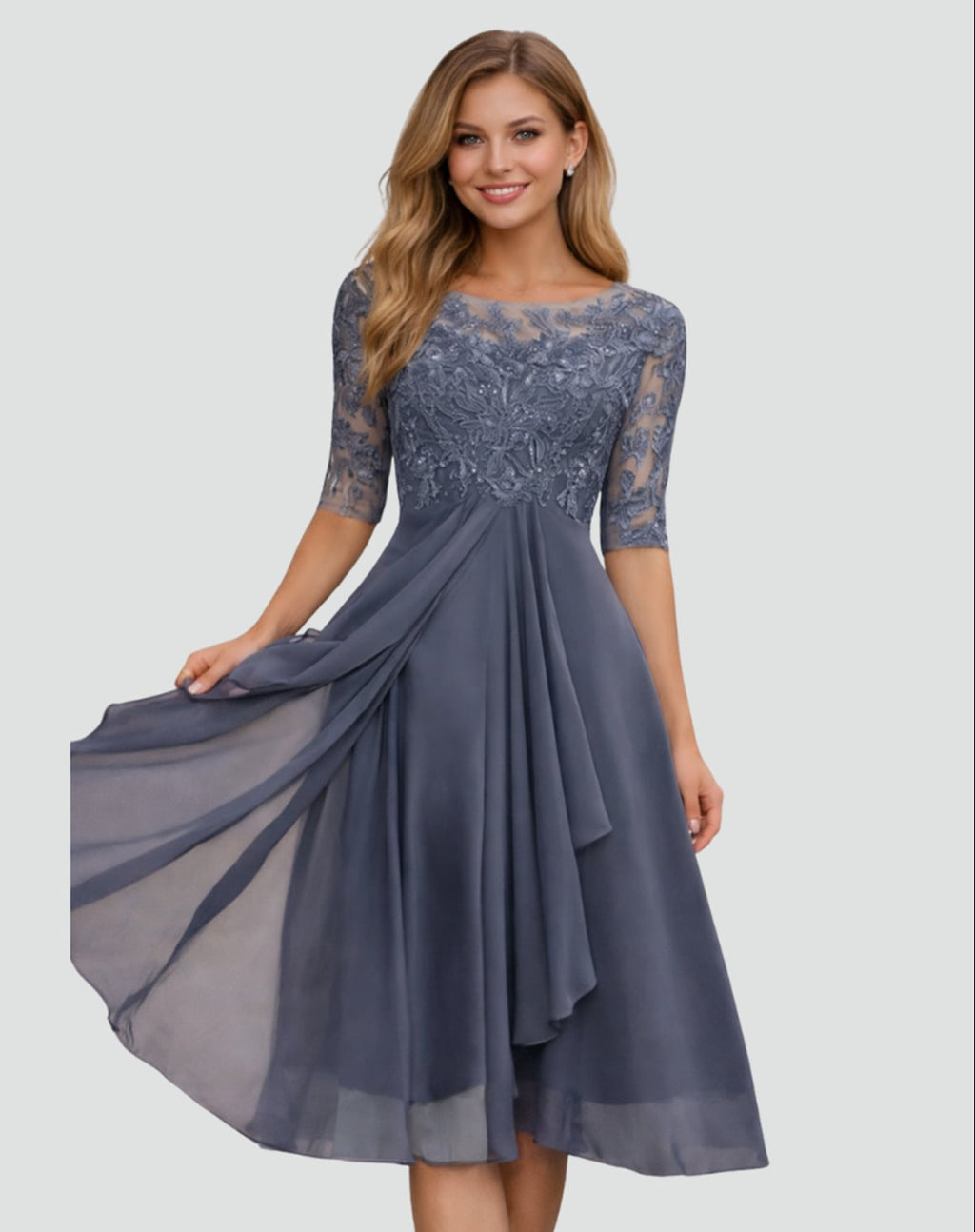 women's lace bodice half sleeve a-line dress in gray