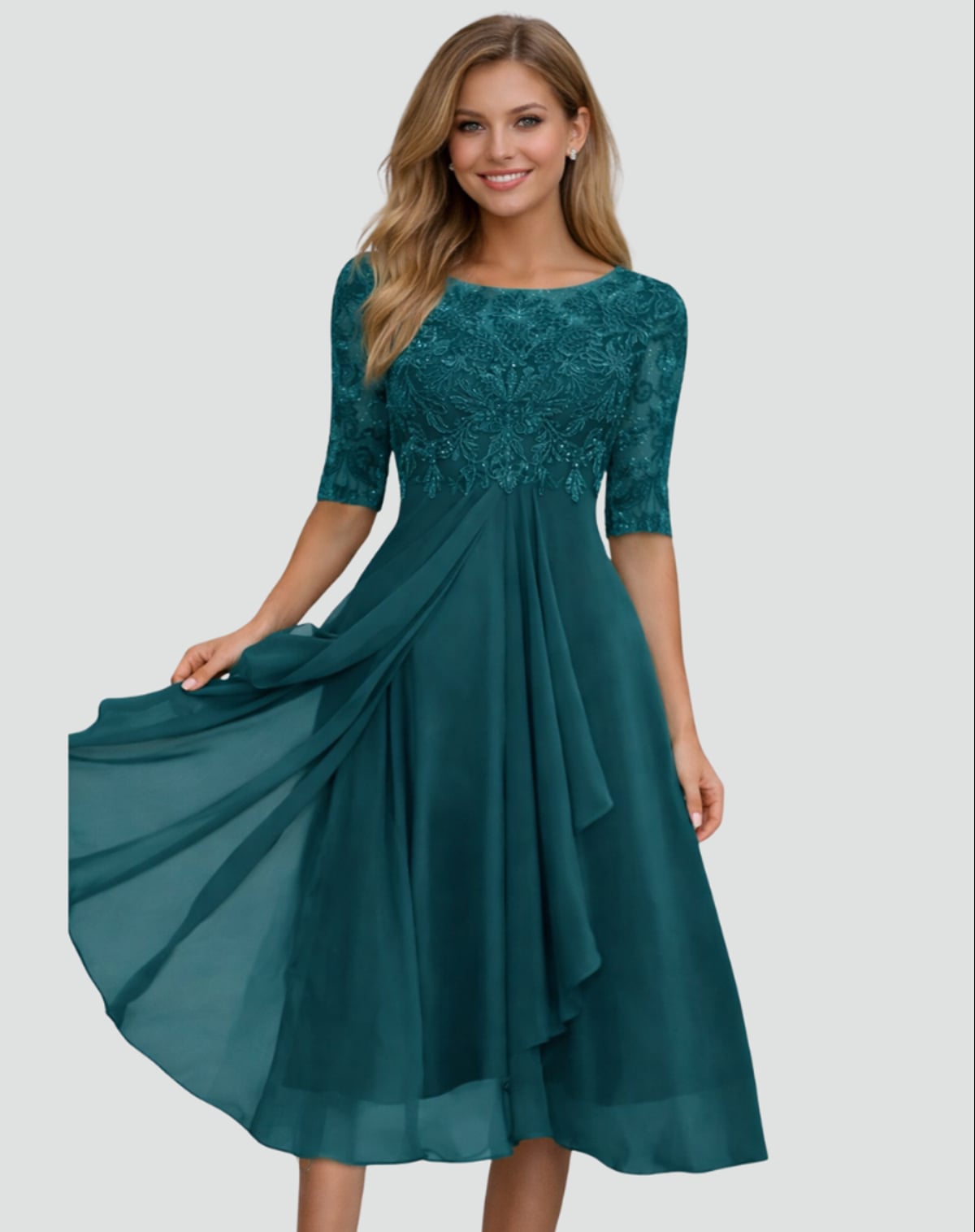 women's lace bodice half sleeve a-line dress in turquoise