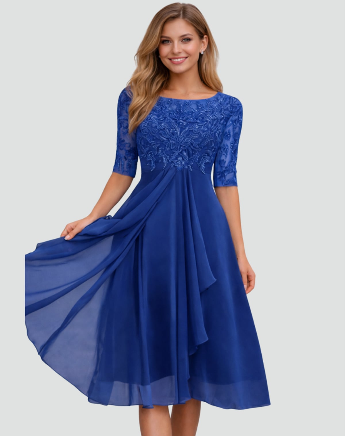 women's lace bodice half sleeve a-line dress in navy