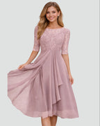 women's lace bodice half sleeve a-line dress in pink