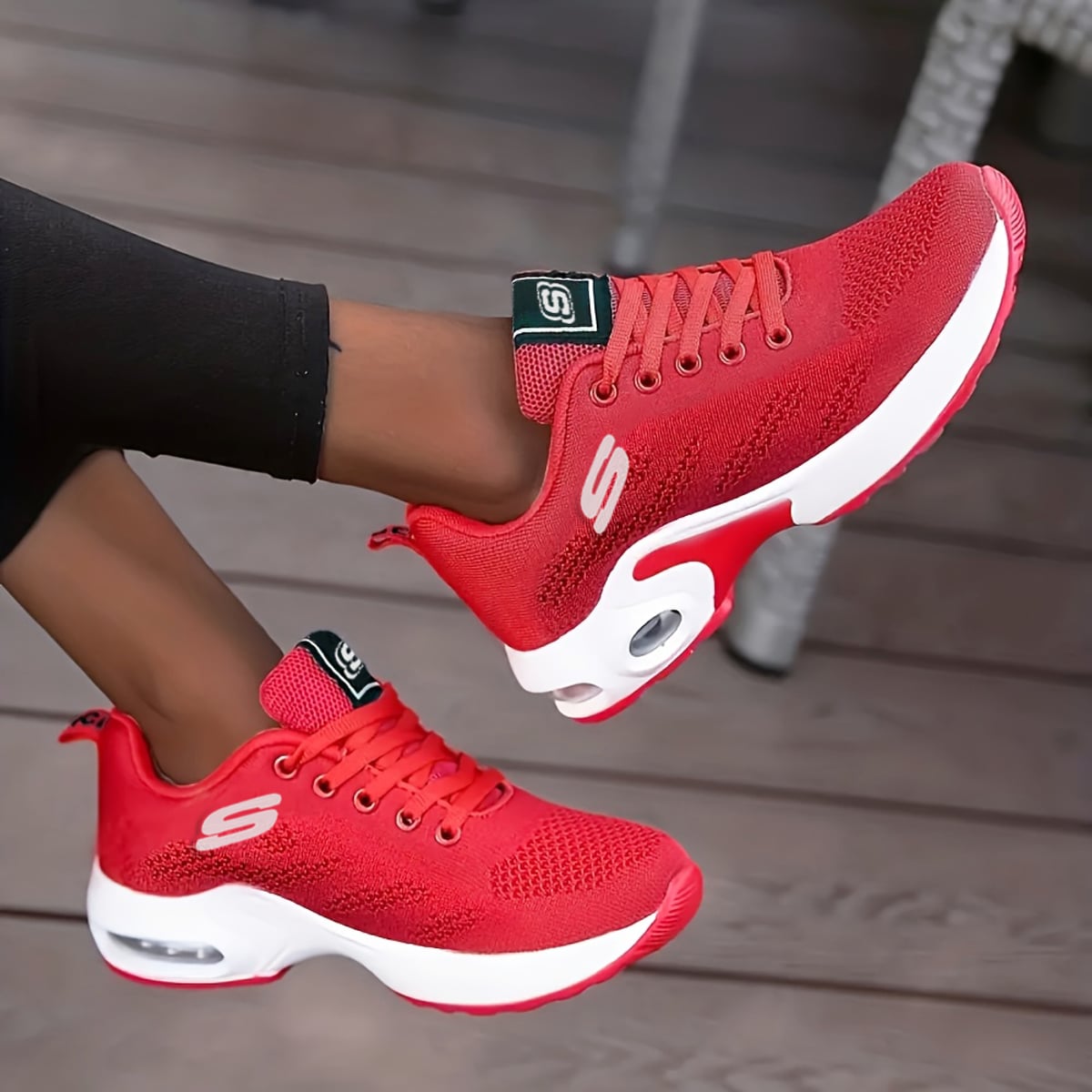 women's lace-up chunky sole trainers in red