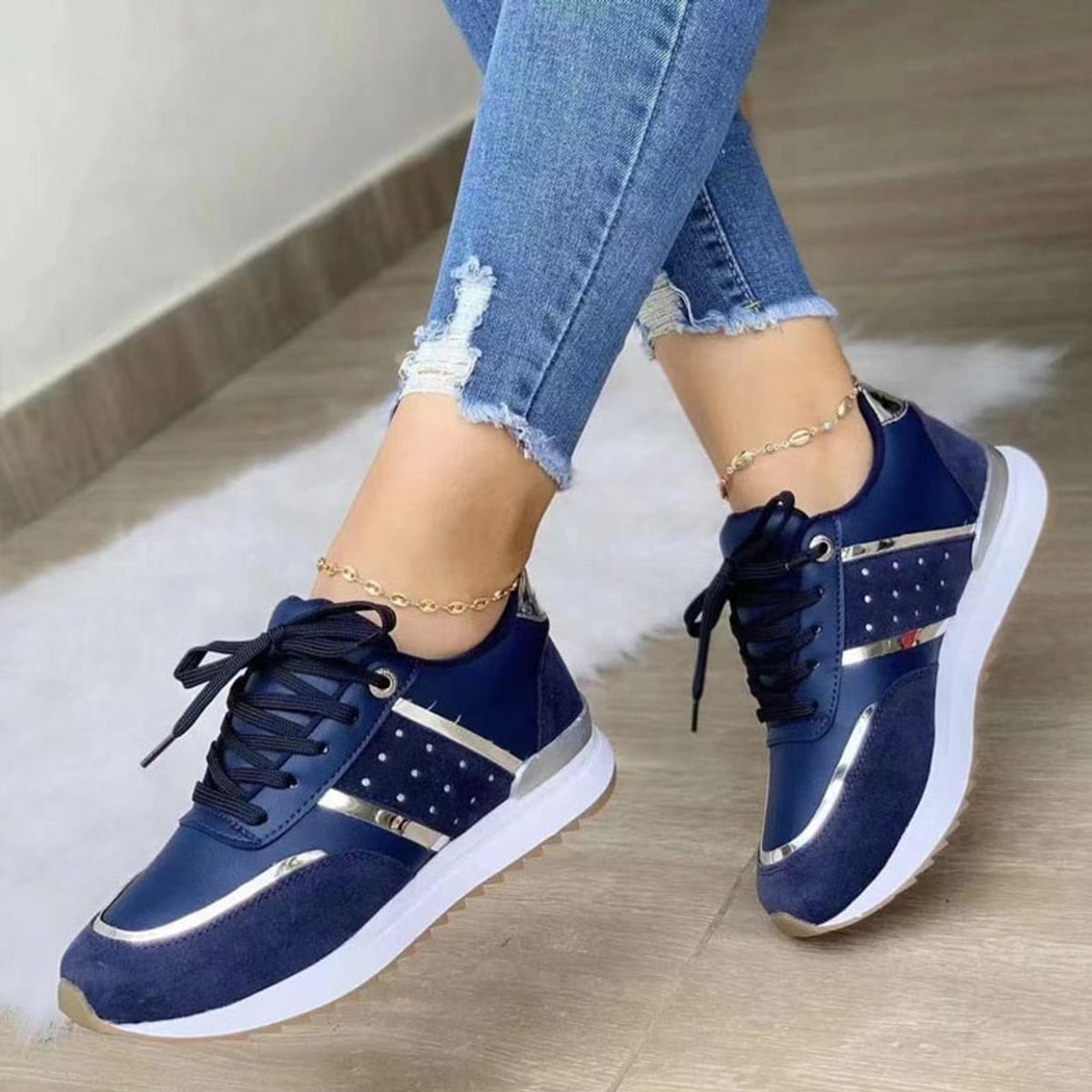 women's lace-up fashion trainers in blue