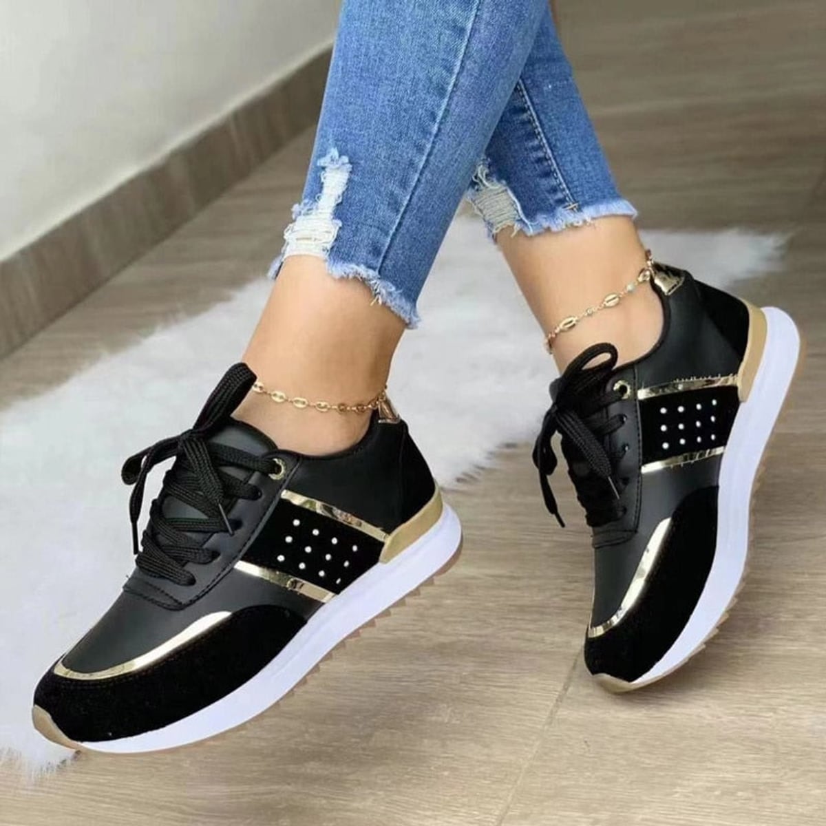 women's lace-up fashion trainers in black