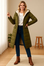 women's long hooded puffer jacket in dark green