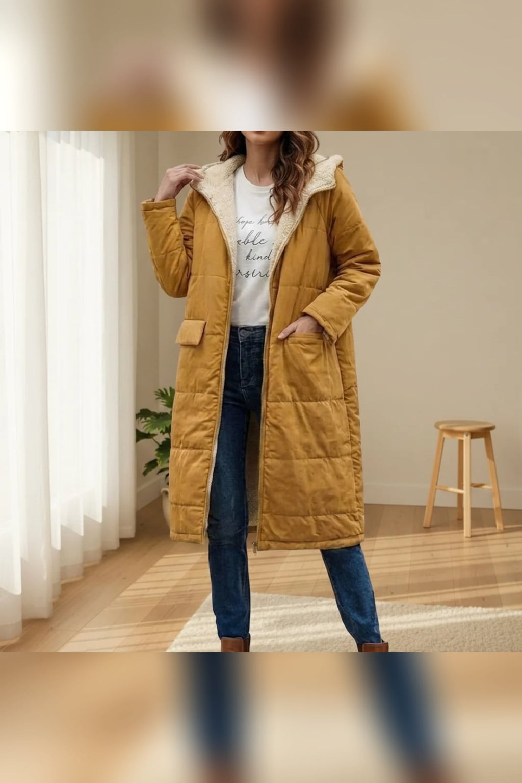 women's long hooded puffer jacket in yellow