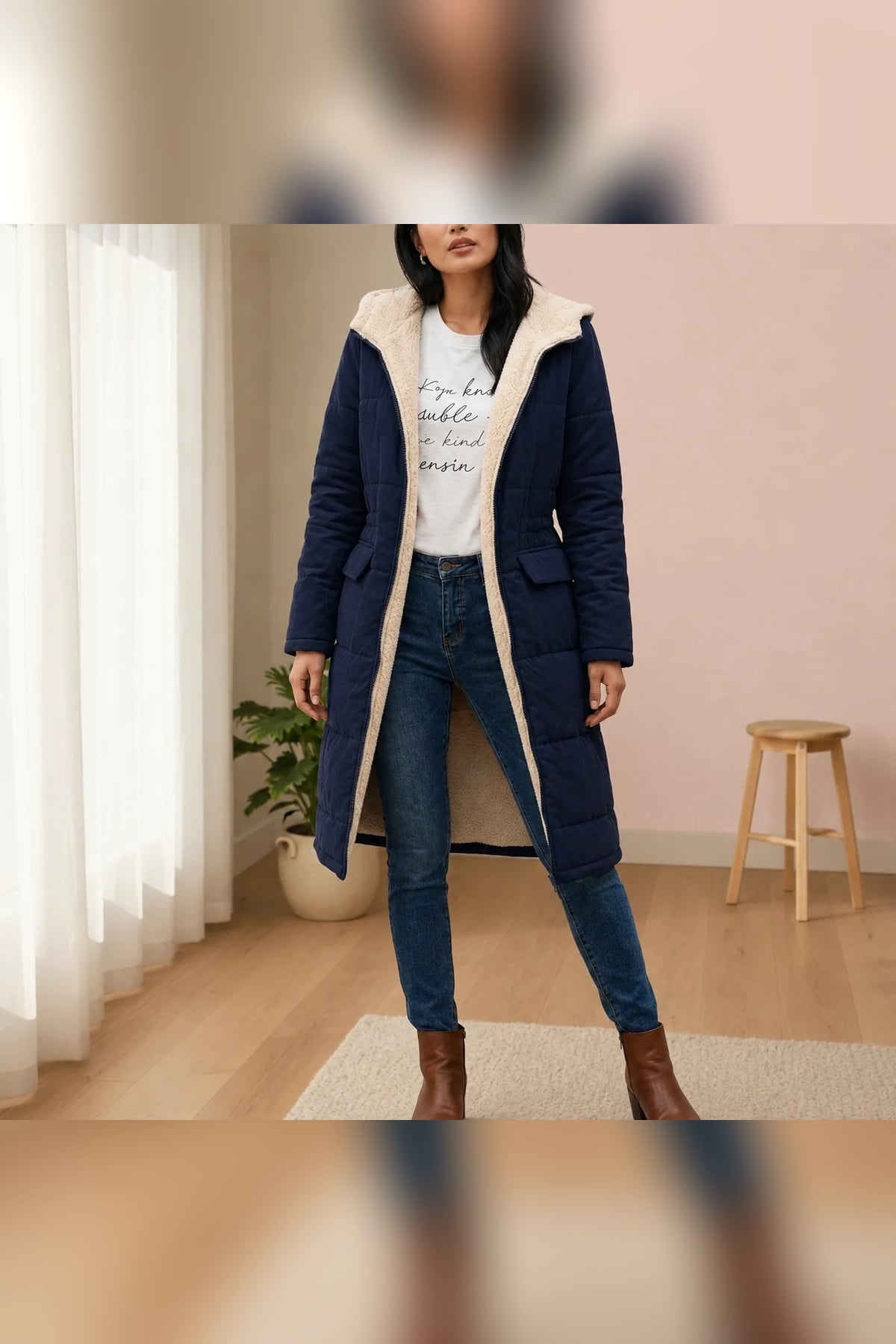women's long hooded puffer jacket in navy blue