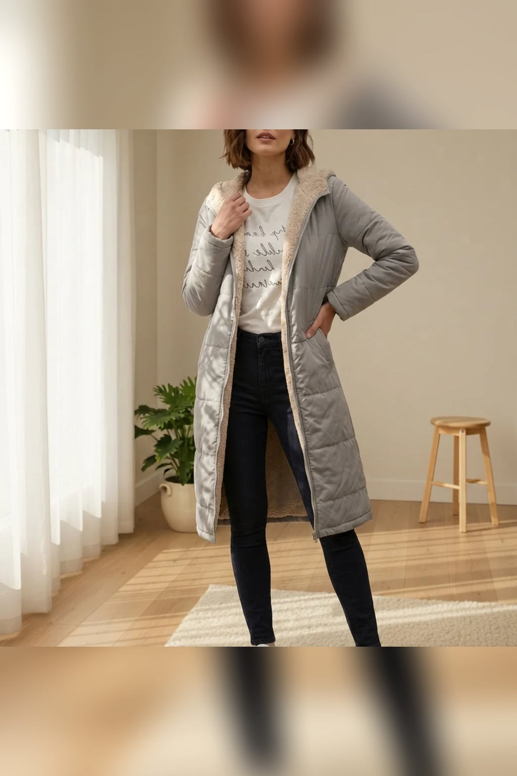 women's long hooded puffer jacket in light gray