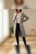 women's long hooded puffer jacket in light gray