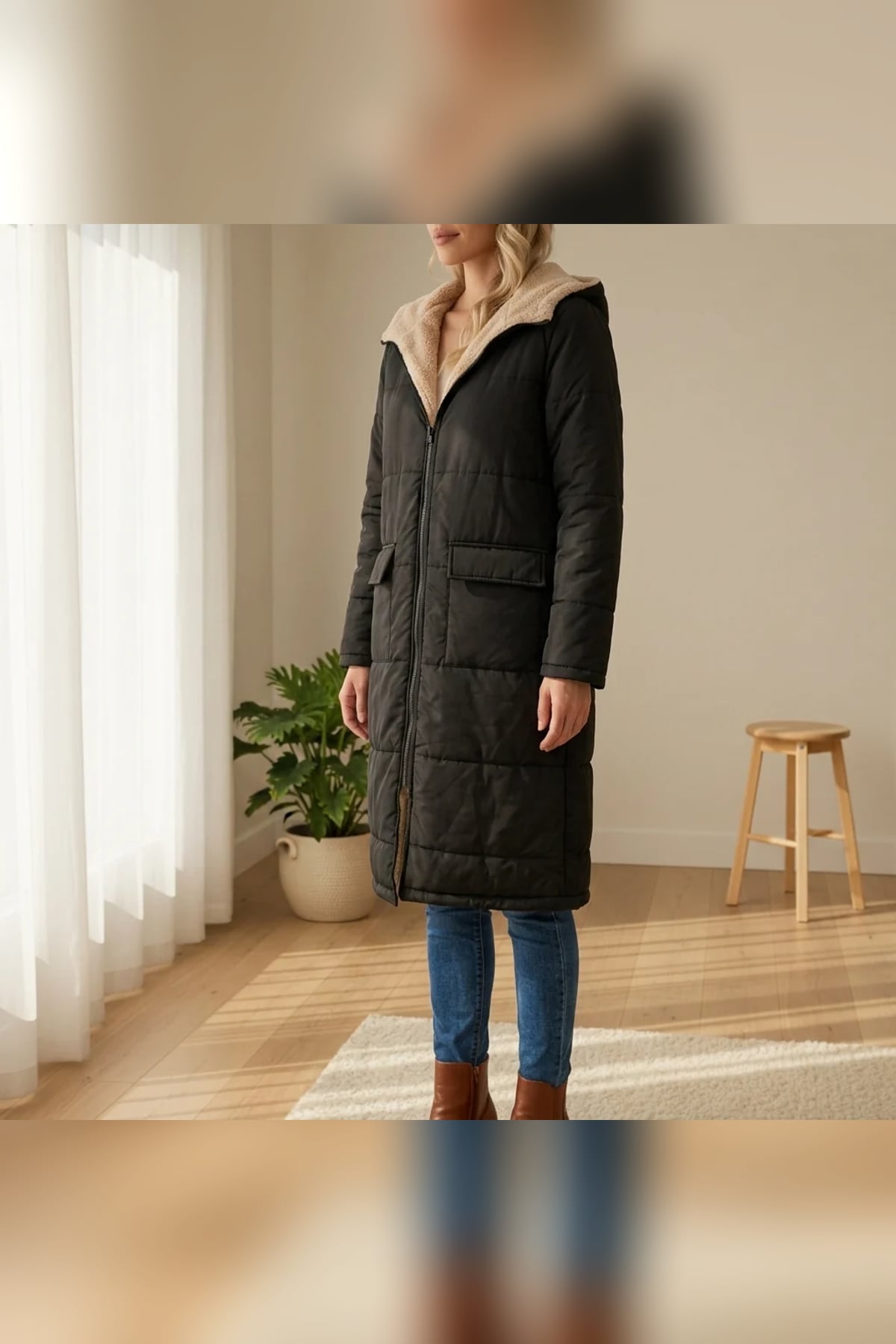 women's long hooded puffer jacket in black