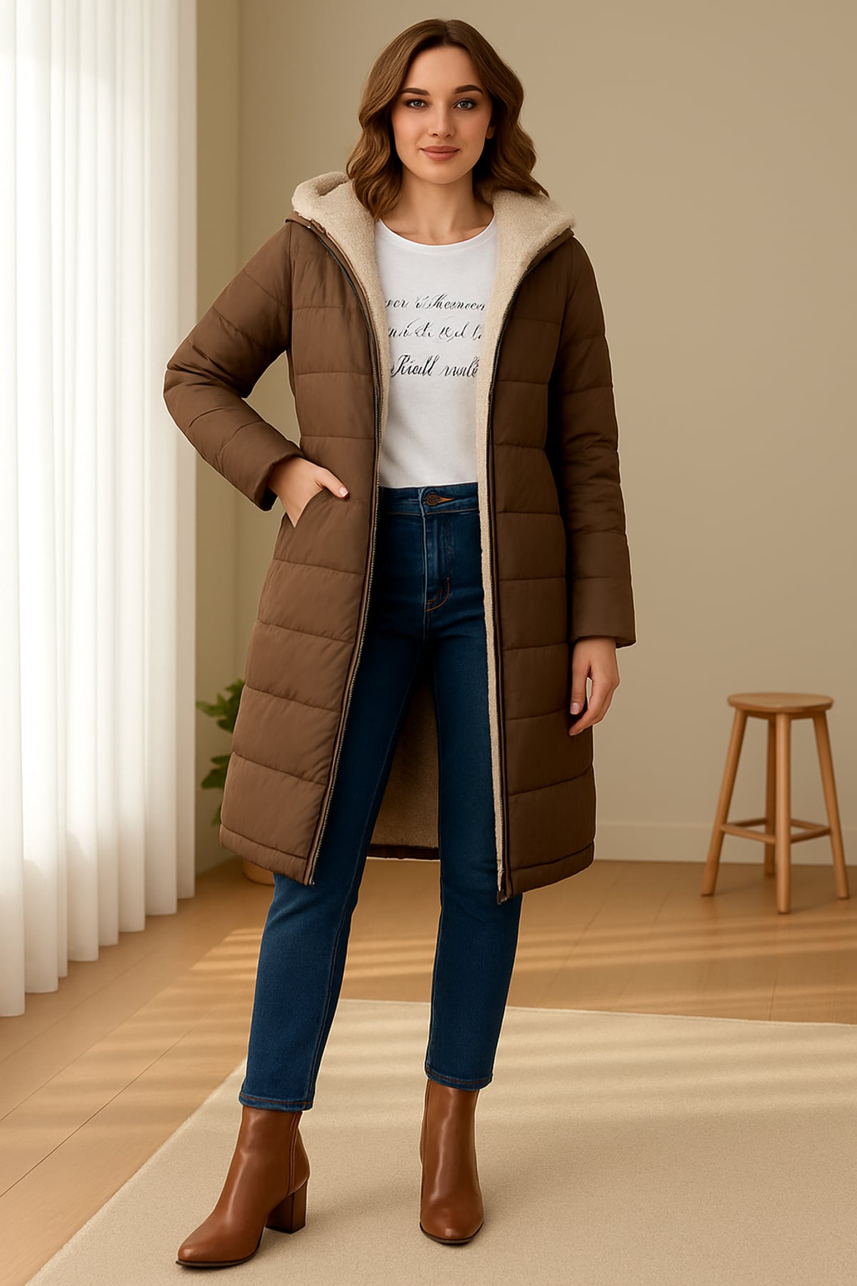 women's long hooded puffer jacket in brown