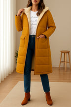 women's long hooded puffer jacket in yellow