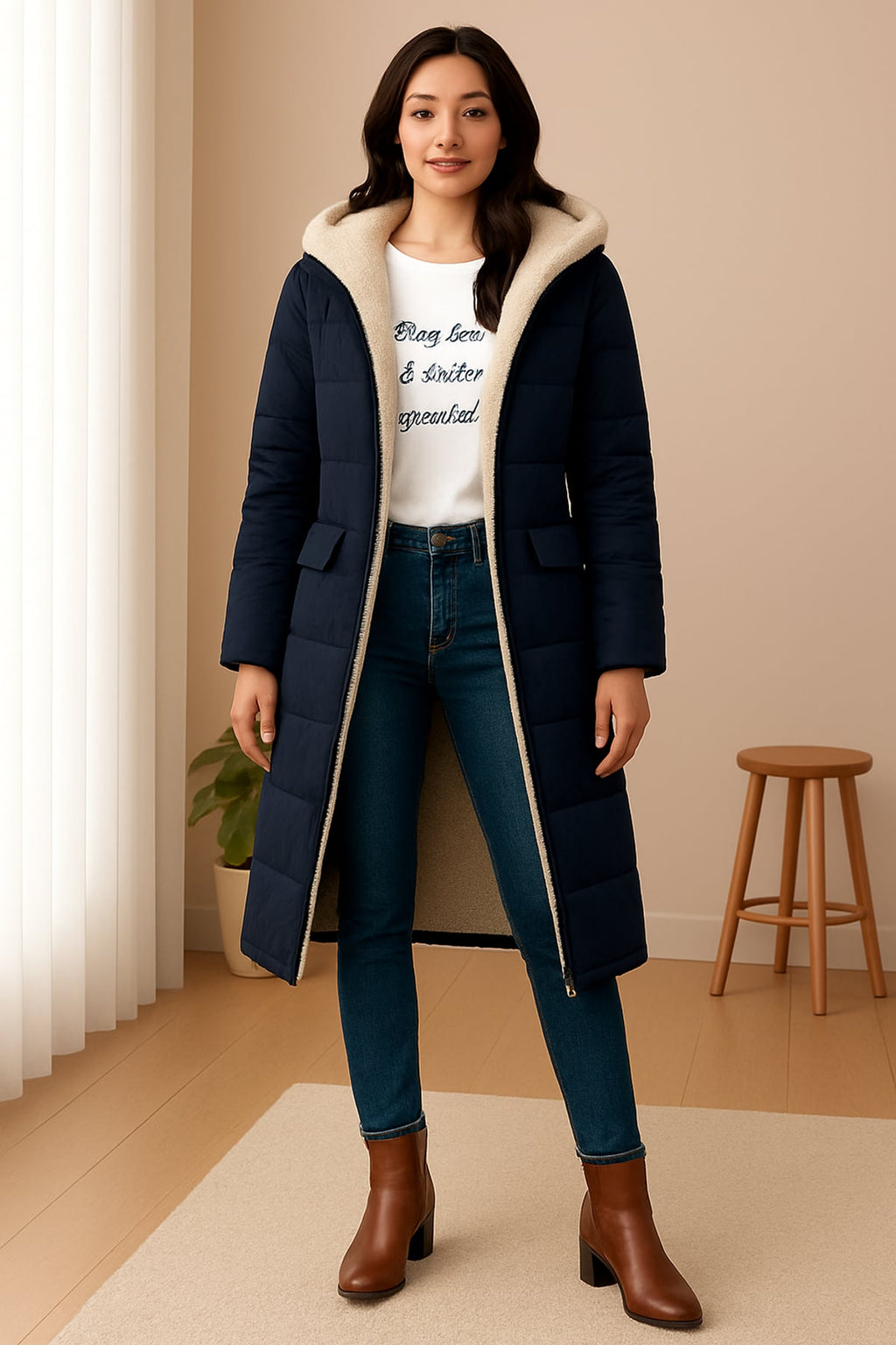 women's long hooded puffer jacket in navy blue