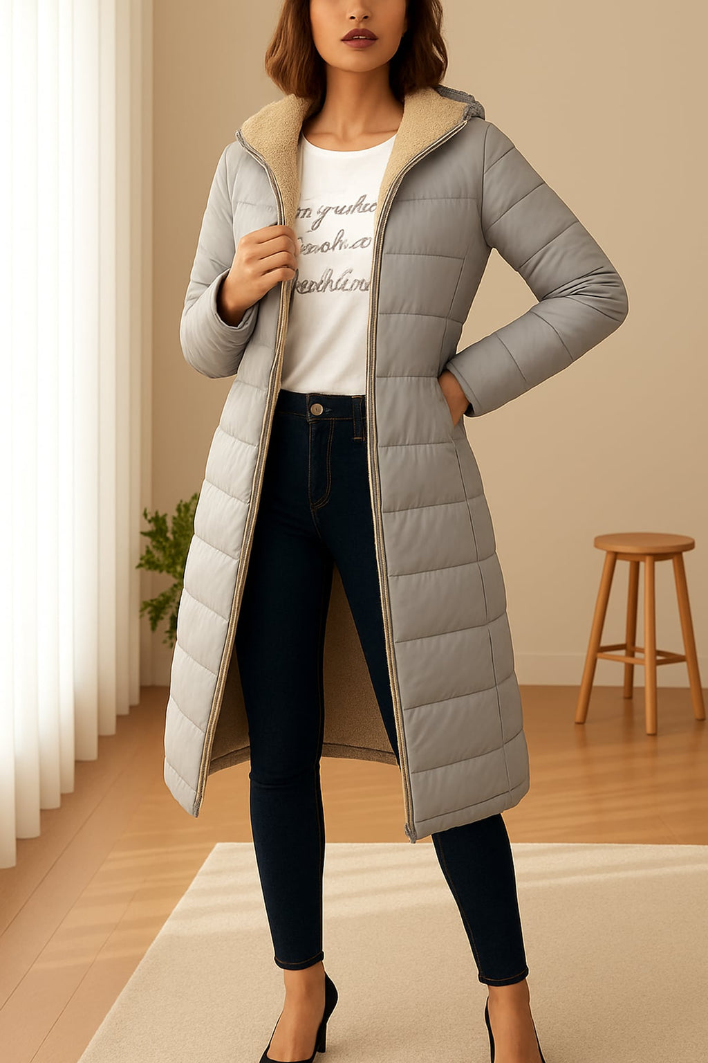 women's long hooded puffer jacket in light gray