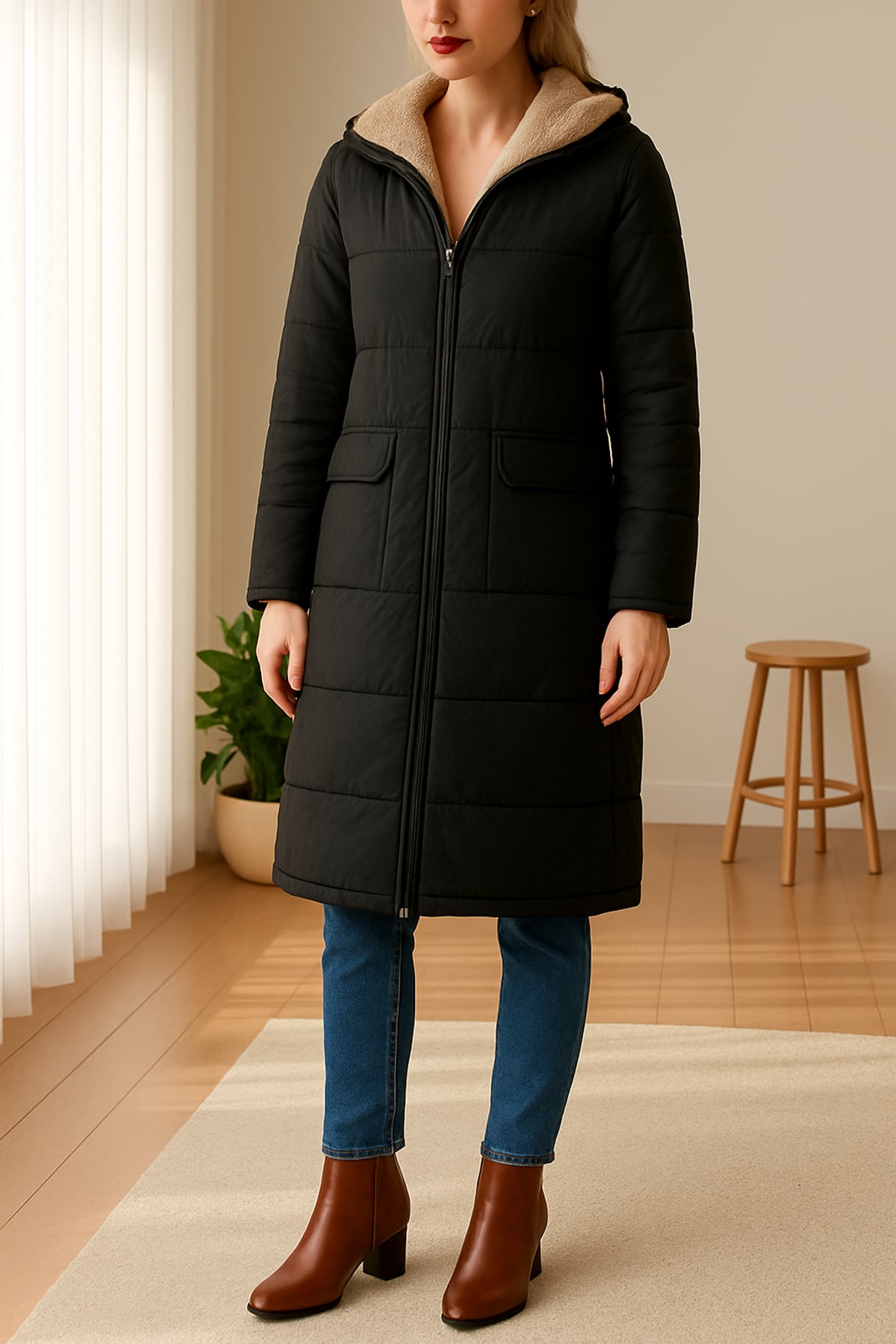 women's long hooded puffer jacket in black