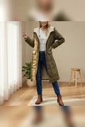 women's long hooded puffer jacket in dark green