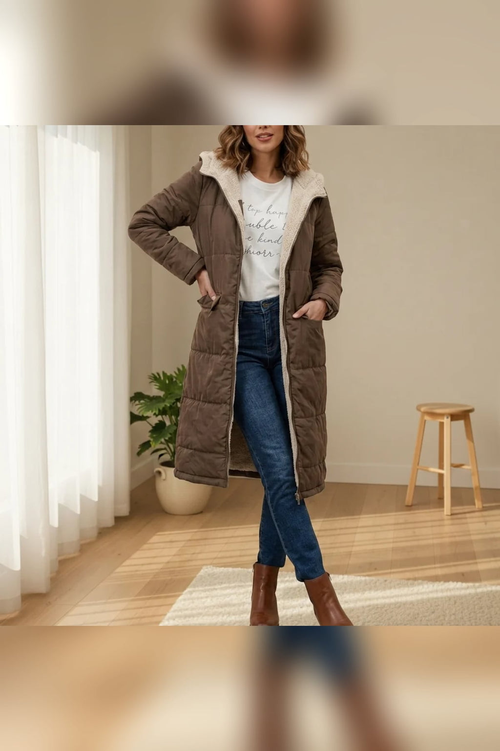 women's long hooded puffer jacket in brown