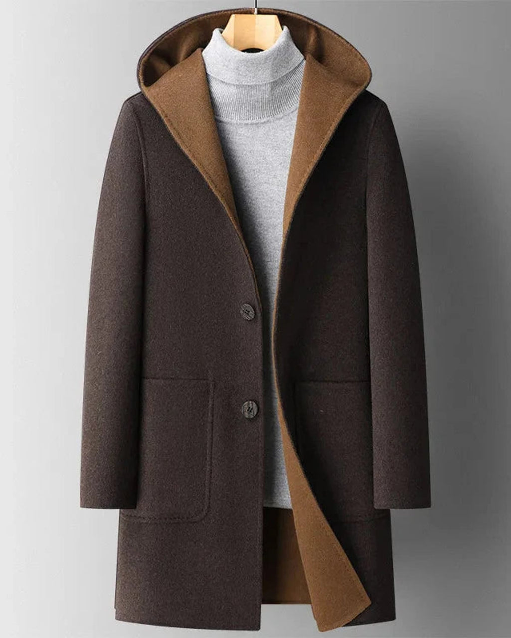 women's long hooded winter coat in dark brown