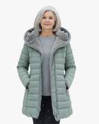 women's long puffer jacket with hood in cyan