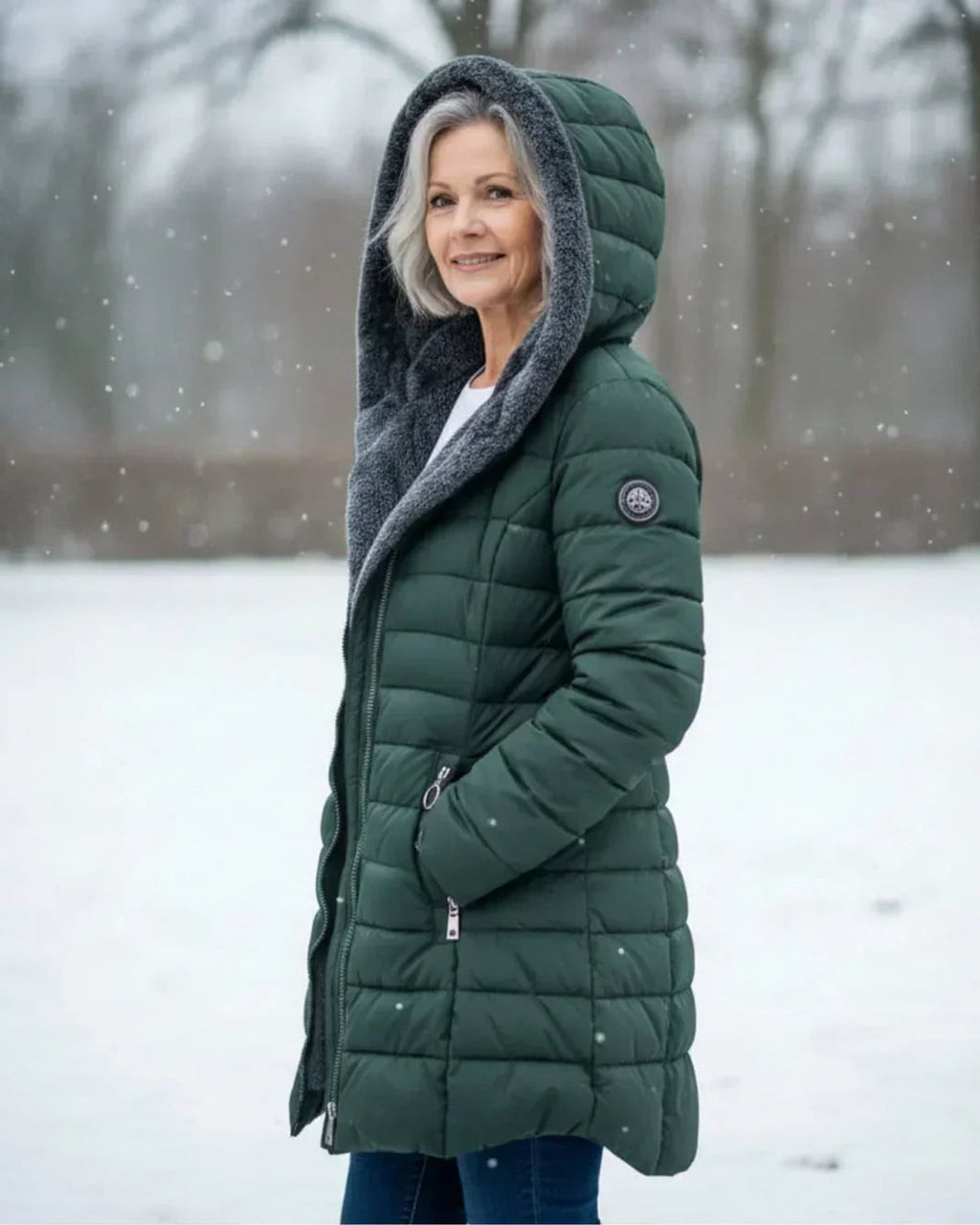 women's long puffer jacket with hood in dark green
