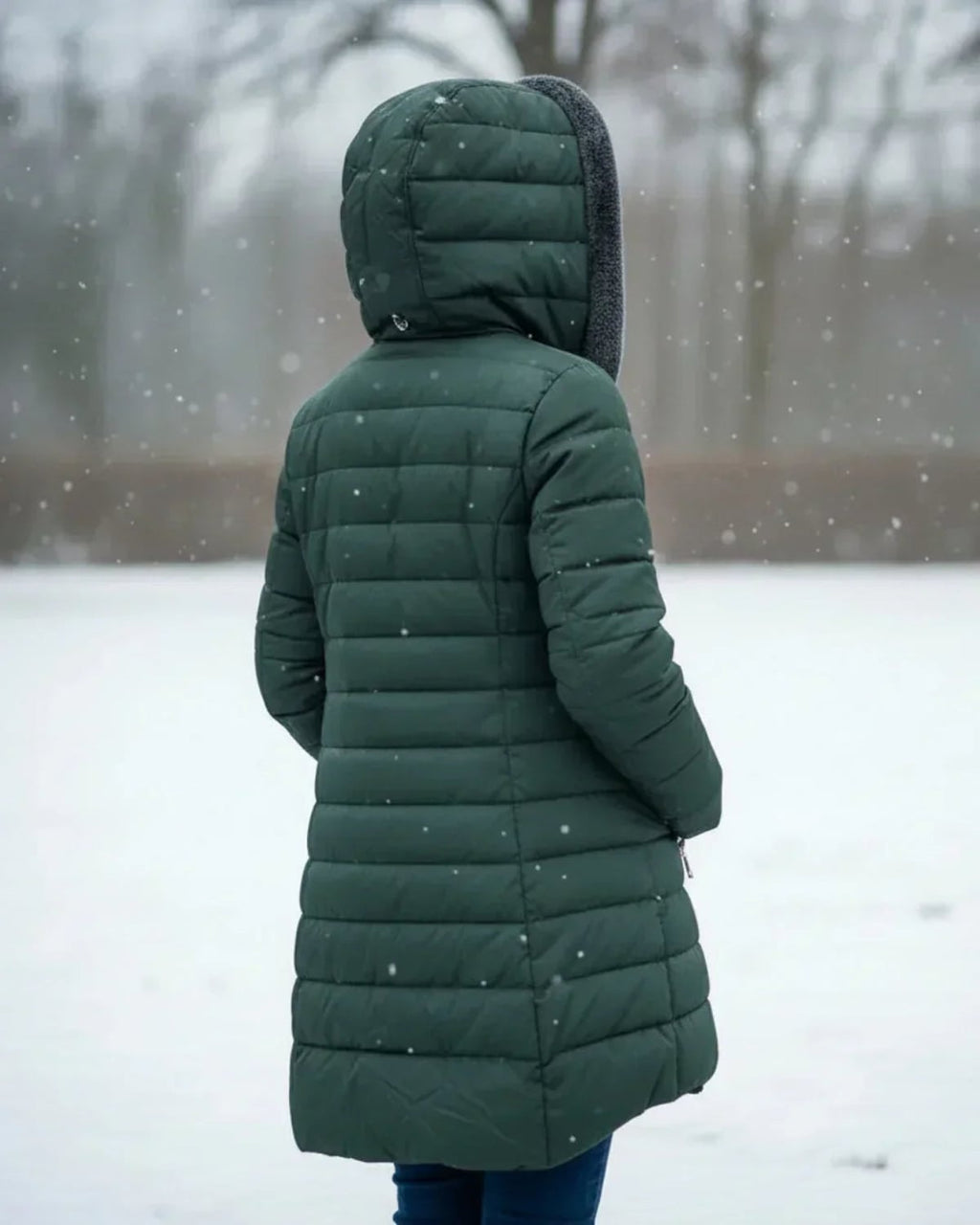 women's long puffer jacket with hood in dark green