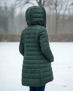 women's long puffer jacket with hood in dark green