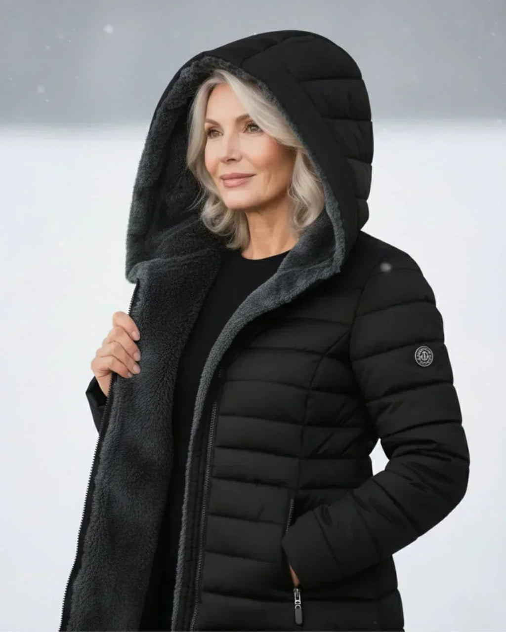women's long puffer jacket with hood in black