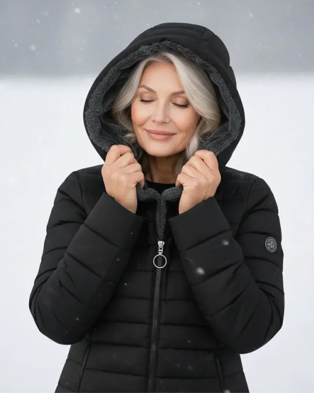 women's long puffer jacket with hood in black