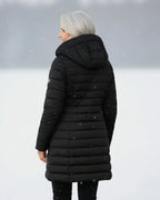 women's long puffer jacket with hood in black