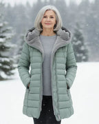 women's long puffer jacket with hood in cyan
