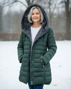 women's long puffer jacket with hood in dark green