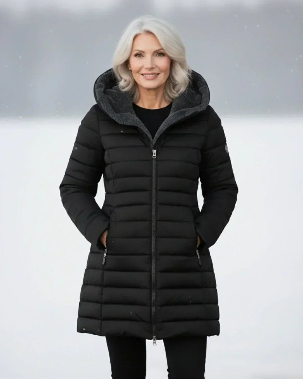 women's long puffer jacket with hood in black