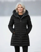 women's long puffer jacket with hood in black