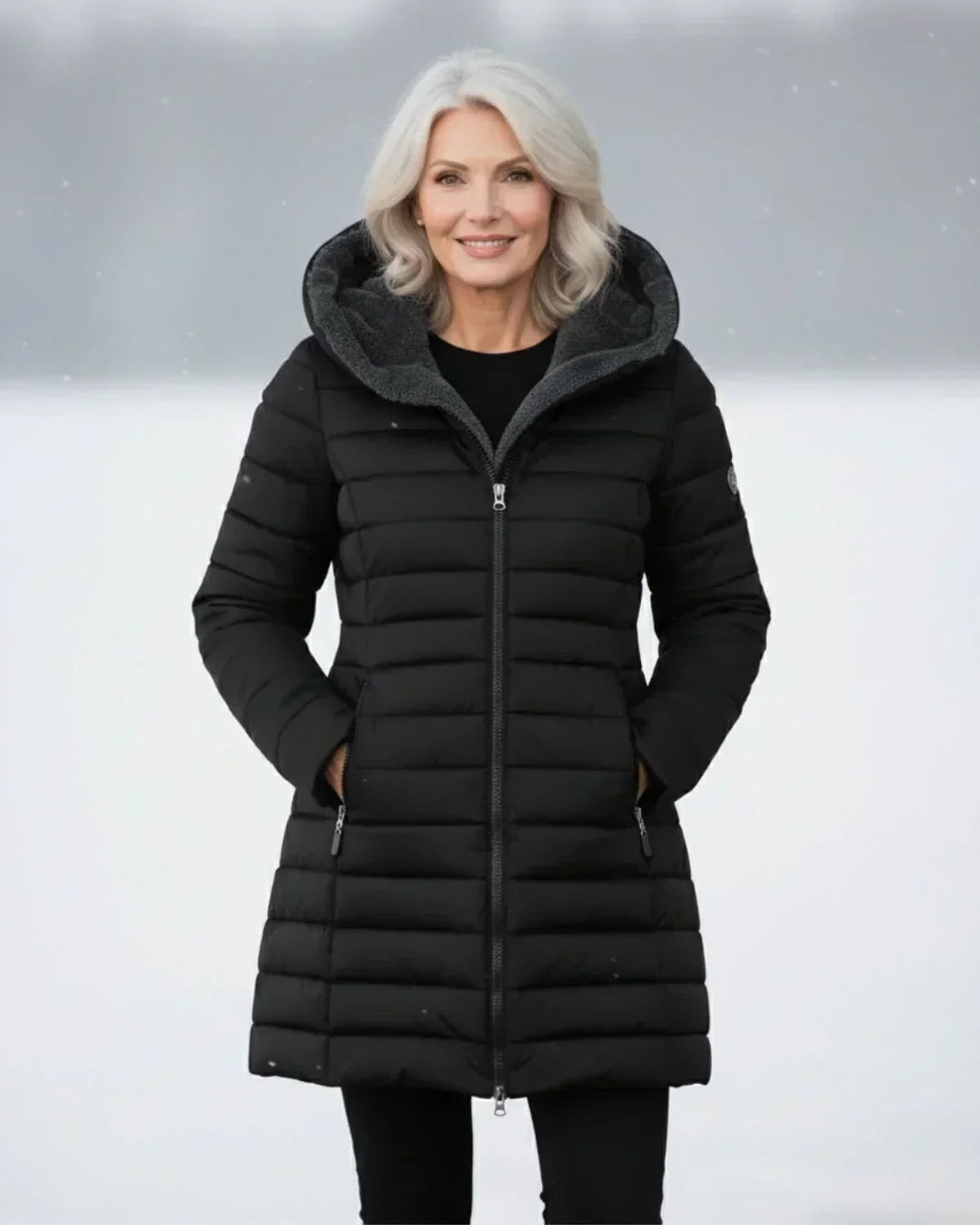women's long puffer jacket with hood in black