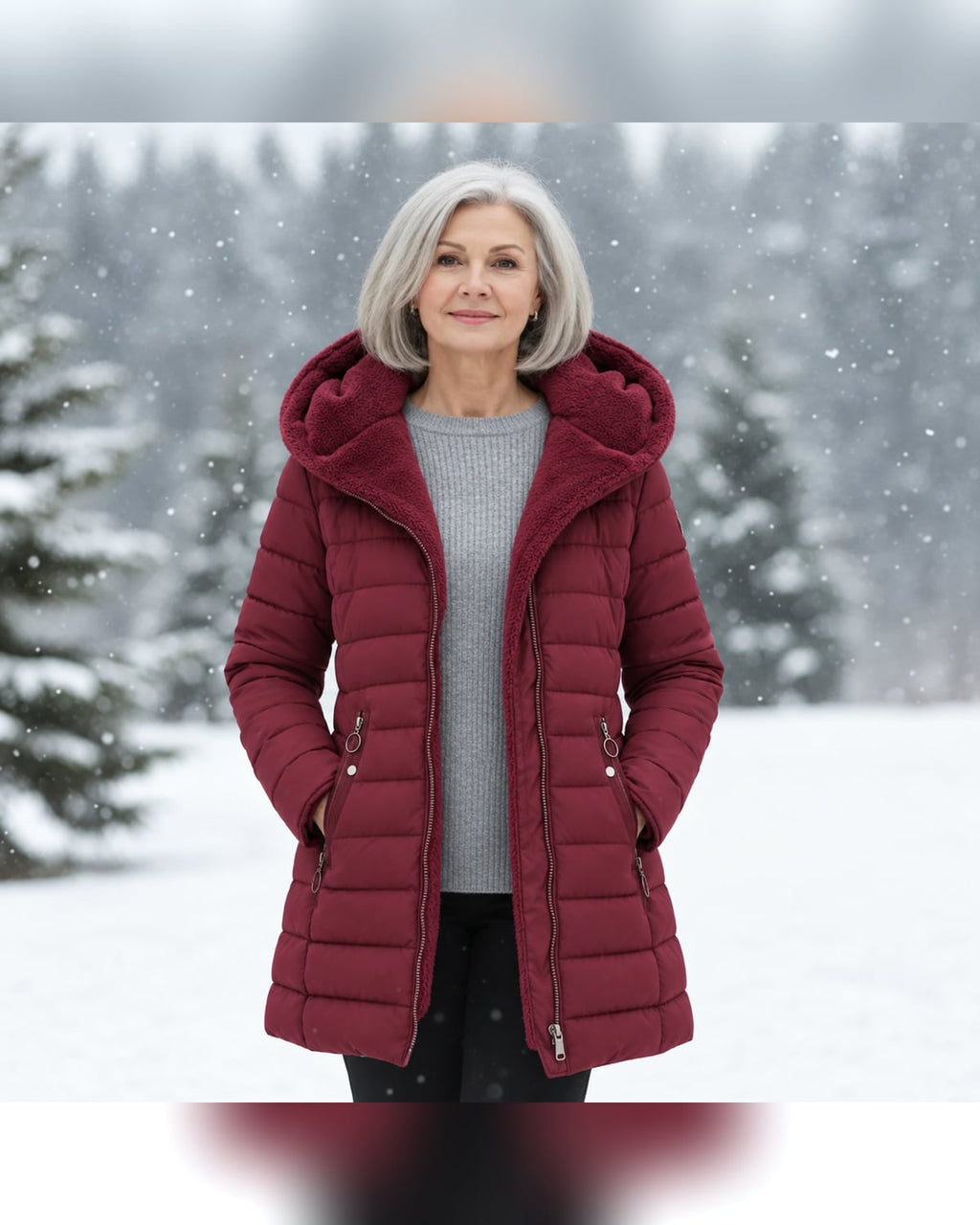 women's long puffer jacket with hood in wine red