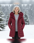 women's long puffer jacket with hood in wine red