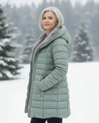women's long puffer jacket with hood in cyan