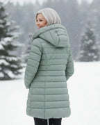 women's long puffer jacket with hood in cyan