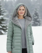 women's long puffer jacket with hood in cyan