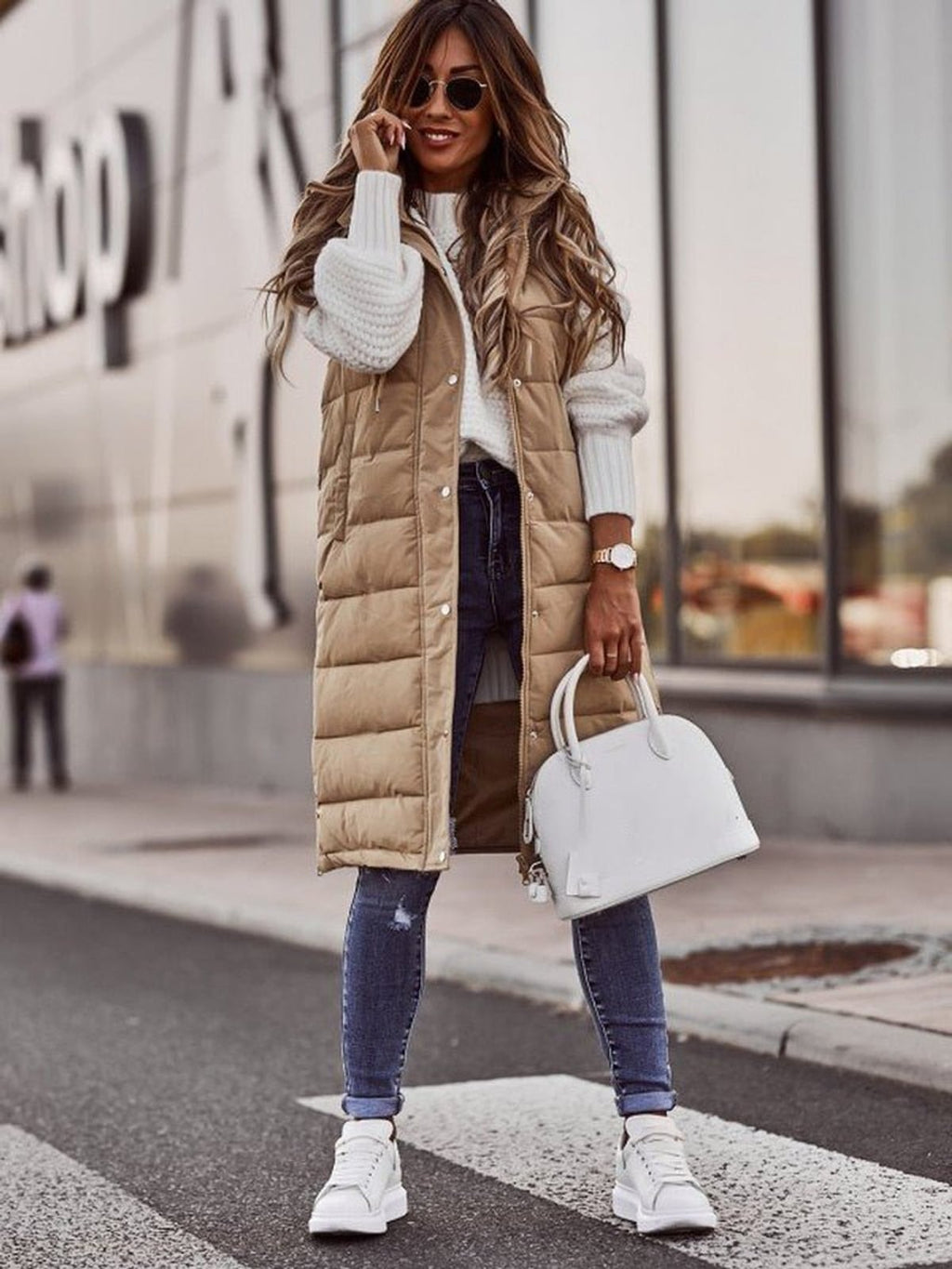 women's long quilted hooded gilet in beige