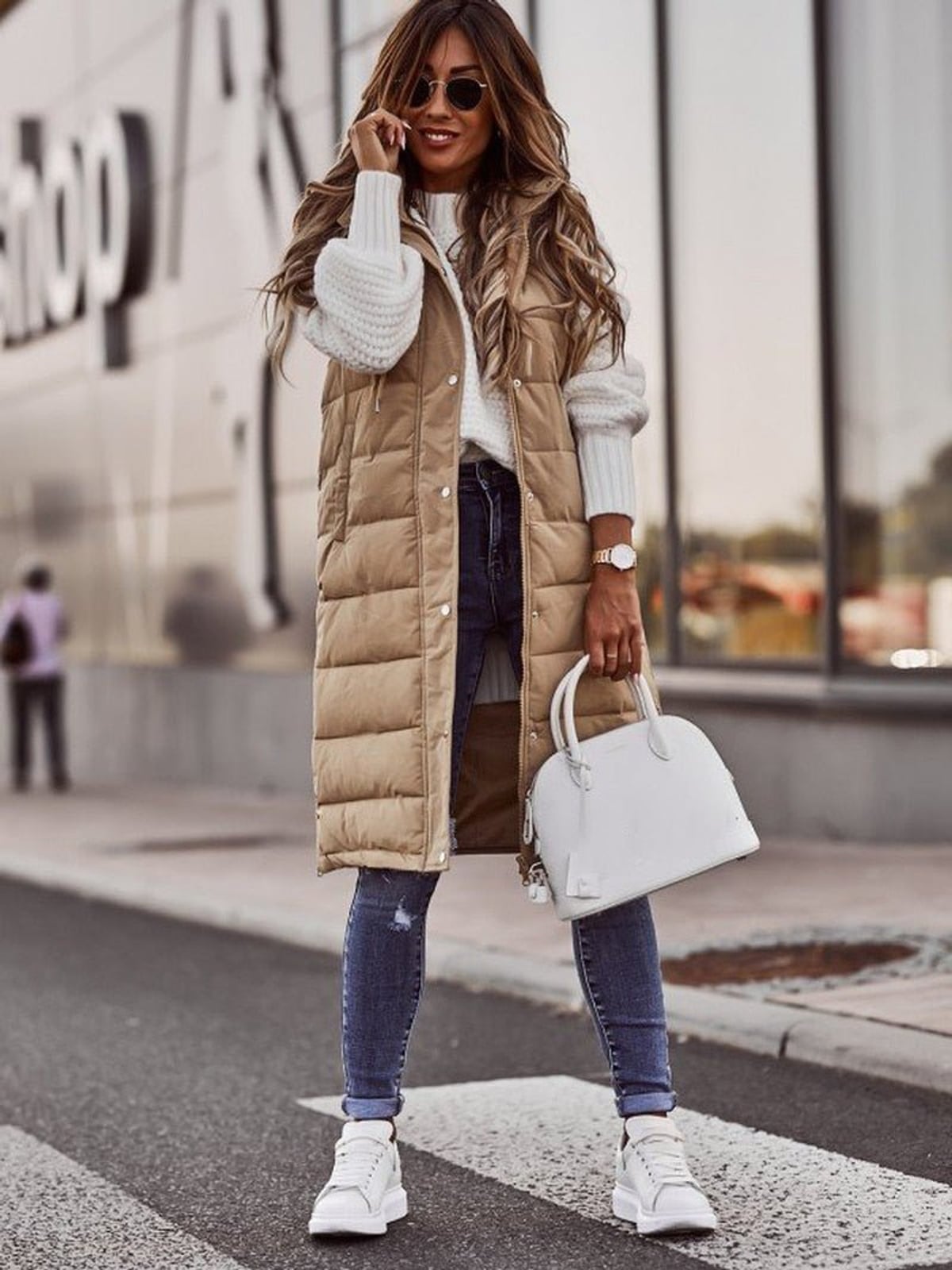 women's long quilted hooded gilet in beige